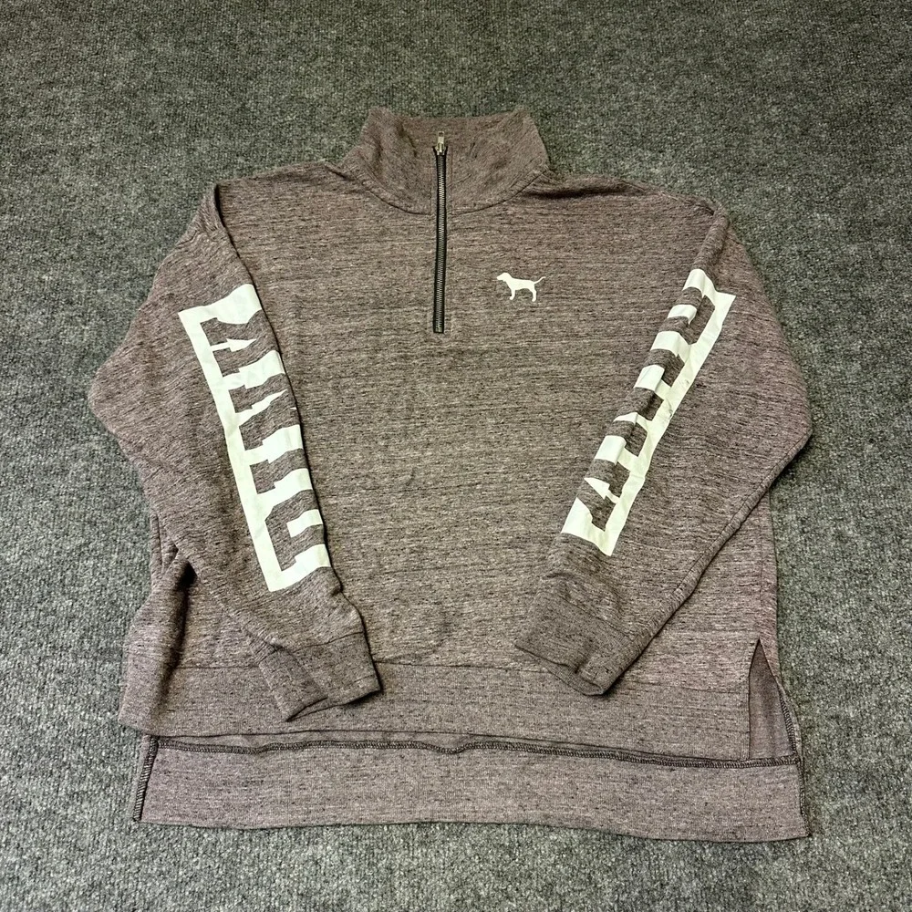 Pink Sweatshirt Womens Size M Mauve Heathered Quarter Zip Logo Sleeve Pullover